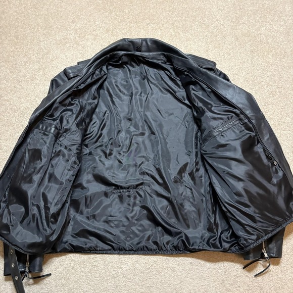 Leather Motorcycle Jacket Mens 44 Black Belted Side Lace Biker Zip Pockets - Picture 4 of 16